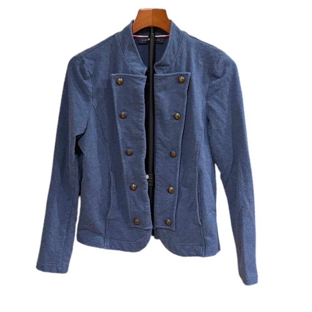 Tommy Hilfiger Womens Blue Knit Military Blazer Jacket Brass Buttons Preppy L